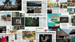 Collage of international newspaper and magazine layouts featuring travel and documentary photography.