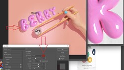 Screenshot of 3D design software showing pink typographic lettering and editing interface.