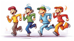 Illustration of four cartoon characters jogging together in a playful running pose.