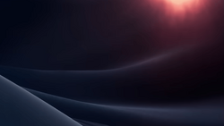 Abstract landscape with layered curved forms in deep blue and gray tones beneath a warm reddish glow.