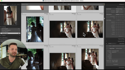 Screenshot of Adobe Lightroom showing wedding photography contact sheet with multiple images of a bride and groom.