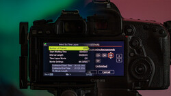 Screenshot of Canon camera's interval/time lapse menu settings displayed on rear LCD screen.