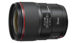 Canon EF 35mm f/1.4L USM prime lens with red ring accent and autofocus controls.