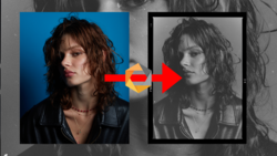Side-by-side comparison showing color portrait transformed to black and white with processing adjustments.