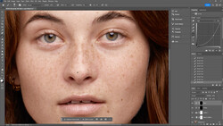 Screenshot of portrait retouching workflow in Photoshop with female subject displayed.