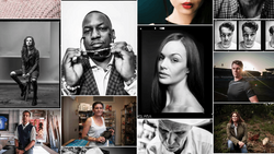 Grid of black and white and color portrait photographs showcasing diverse subjects and photographic styles.