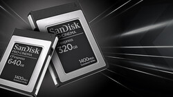 SanDisk Extreme PRO CompactFlash and Cinema Express memory cards displayed against a dark background with dramatic lighting effects.