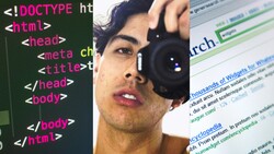 Composite graphic showing HTML code, photographer holding camera, and website search results.