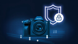Blue Sony mirrorless camera with security shield and padlock icon on dark background.