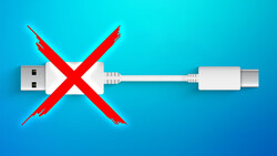 Illustration of a USB cable with a red X mark through it against a blue background.