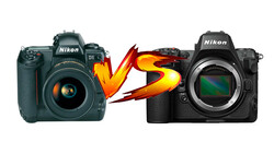 Illustration comparing two Nikon DSLR cameras with a flaming versus symbol between them.