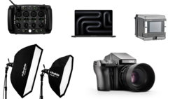Collection of professional photography equipment including a mixer, monitor, camera back, softboxes, and medium format camera.