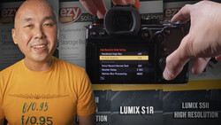 Panasonic Lumix S1R camera menu screen displayed during hands-on comparison review.