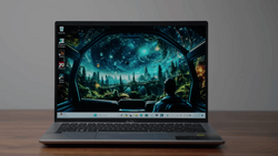 Laptop displaying a scenic landscape wallpaper with a silhouetted figure viewing a glowing celestial scene through a window frame.