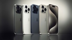 Five smartphones arranged in a row displaying different color finishes with triple-lens camera systems.