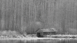 Small wooden boathouse on a misty riverbank surrounded by bare winter trees reflected in still water.