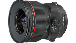 Canon TS-E 24mm f/3.5L tilt-shift lens with shift and tilt adjustment mechanisms visible on the barrel.