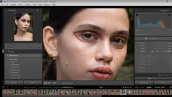 Screenshot of Adobe Lightroom Classic showing portrait retouching workflow with histogram and adjustment panels visible.