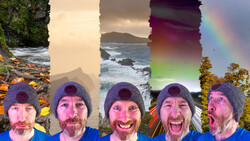 Five portraits of the same bearded man in a purple beanie, each showing different expressions, composited with scenic coastal and nature backgrounds.