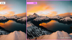 Mountain landscape at sunset with snowy peaks reflected in still water under golden sky.