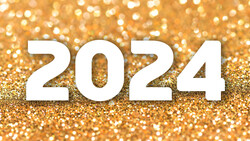 The number 2024 in white typography against a golden glitter background.