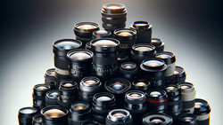 A pyramid arrangement of camera lenses with various focal lengths and sizes, all with visible glass elements and metal barrels.