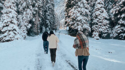 Three people jogging on a snowy forest road lined with snow-covered evergreen trees.