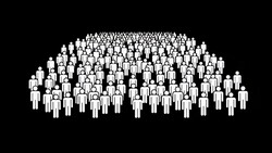 Illustration of a large crowd of white silhouetted figures arranged in a three-dimensional formation against a black background.