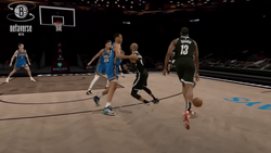 Screenshot of basketball video game showing players in game action on indoor court.