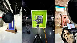 Three studio setups showing professional lighting equipment and camera rigs in different configurations.