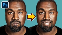 Before-and-after comparison showing portrait retouching in Photoshop with neutral expression transforming to smiling expression.