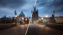 Charles Bridge in Prague during twilight, split-screen comparison showing left and right perspectives of the stone bridge with towers and statues.