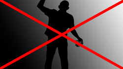 Silhouette of a person with a rifle crossed out by red X lines.
