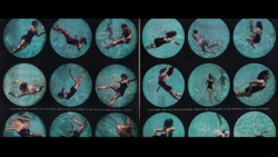 Grid of 18 circular frames showing swimmers in various underwater poses and positions.
