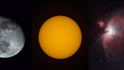 Three celestial objects displayed side by side: the Moon, the Sun, and the Orion Nebula.