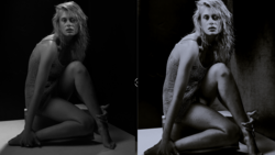 Side-by-side comparison of portrait retouching techniques showing before and after processing of a seated figure study.