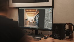 Screenshot of architectural interior rendering displayed in Adobe Lightroom Classic on a wide monitor.