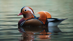 Male mandarin duck swimming in calm water with warm light reflection.