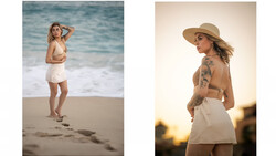 Two beach portrait photographs showing women in neutral-toned beachwear posing outdoors.