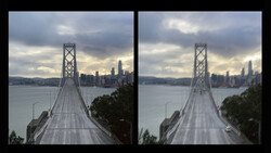 Side-by-side comparison of the same suspension bridge and city skyline with different exposure processing.