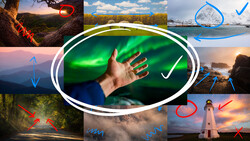 Graphic collage featuring a hand illuminated by green light against aurora borealis, surrounded by landscape and seascape photographs with directional arrows and checkmarks.