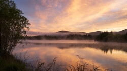 Misty lake at sunrise with forested mountains reflected in still water and vegetation in foreground.