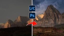 Screenshot showing Adobe Lightroom and Photoshop icons with a red arrow pointing between them over a desert mountain landscape.