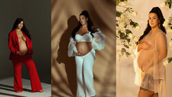 Three maternity portrait photography setups showcasing different styling approaches and lighting techniques.