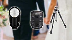 Three photography equipment items: a compact flash unit, a zoom lens, and a sturdy tripod with ball head.