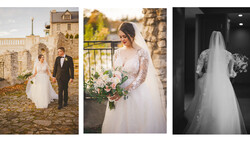 Three wedding photography examples showing bride and groom portraits in different styles and settings.