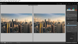 Screenshot of Adobe Lightroom Classic showing before and after comparison of a cityscape photograph during editing.