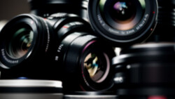 Collection of camera lenses arranged on a dark surface with selective focus and studio lighting.