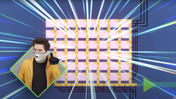 Person wearing a yellow jacket and face mask positioned next to a geometric grid pattern with purple and yellow squares on a blue background with radiating light lines.