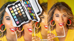 Woman with red lipstick holding color reference cards and color swatches against yellow background.